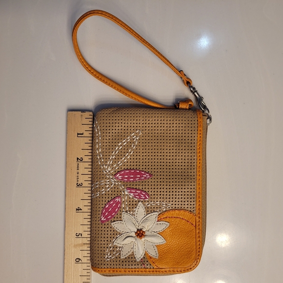 FOSSIL CLUTCH "Flower & Sunshine" Light Brown Leather w/ Pink, Orange, & Cream - Picture 10 of 12